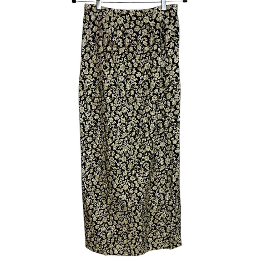 Vintage 50s 60s Black Gold Floral Brocade Long Maxi Skirt Cocktail Formal Party - Picture 3 of 4